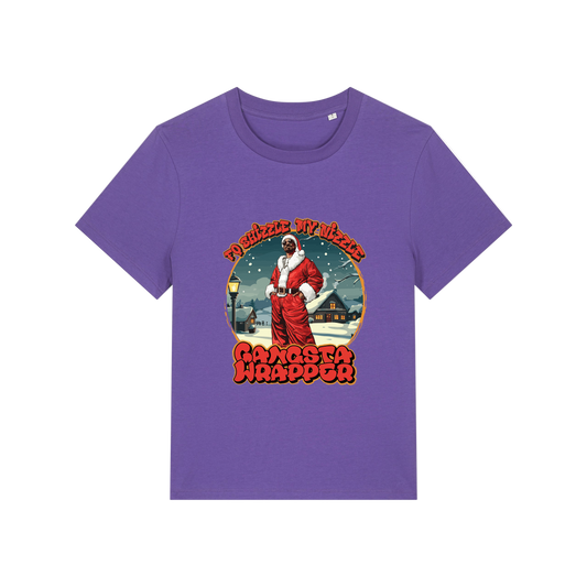 purple christmas t-shirt with the graphic of snoop dogg dressed as santa and the slogan 'fo shizzle my nizzle gangster wrapper'