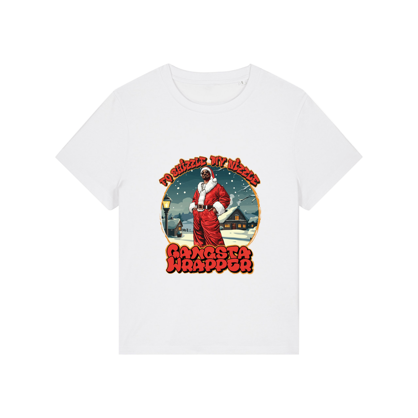 white christmas t-shirt with the graphic of snoop dogg dressed as santa and the slogan 'fo shizzle my nizzle gangster wrapper'