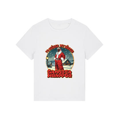 white christmas t-shirt with the graphic of snoop dogg dressed as santa and the slogan 'fo shizzle my nizzle gangster wrapper'