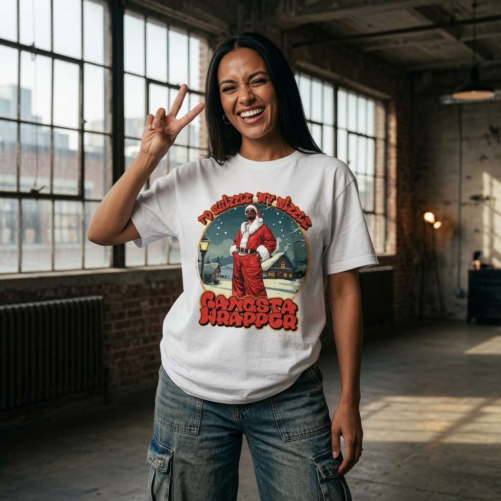 Woman laughing and making peace sign in white Fo Shizzle My Nizzle Gangsta Wrapper t-shirt, fun cheeky ladies xmas graphic