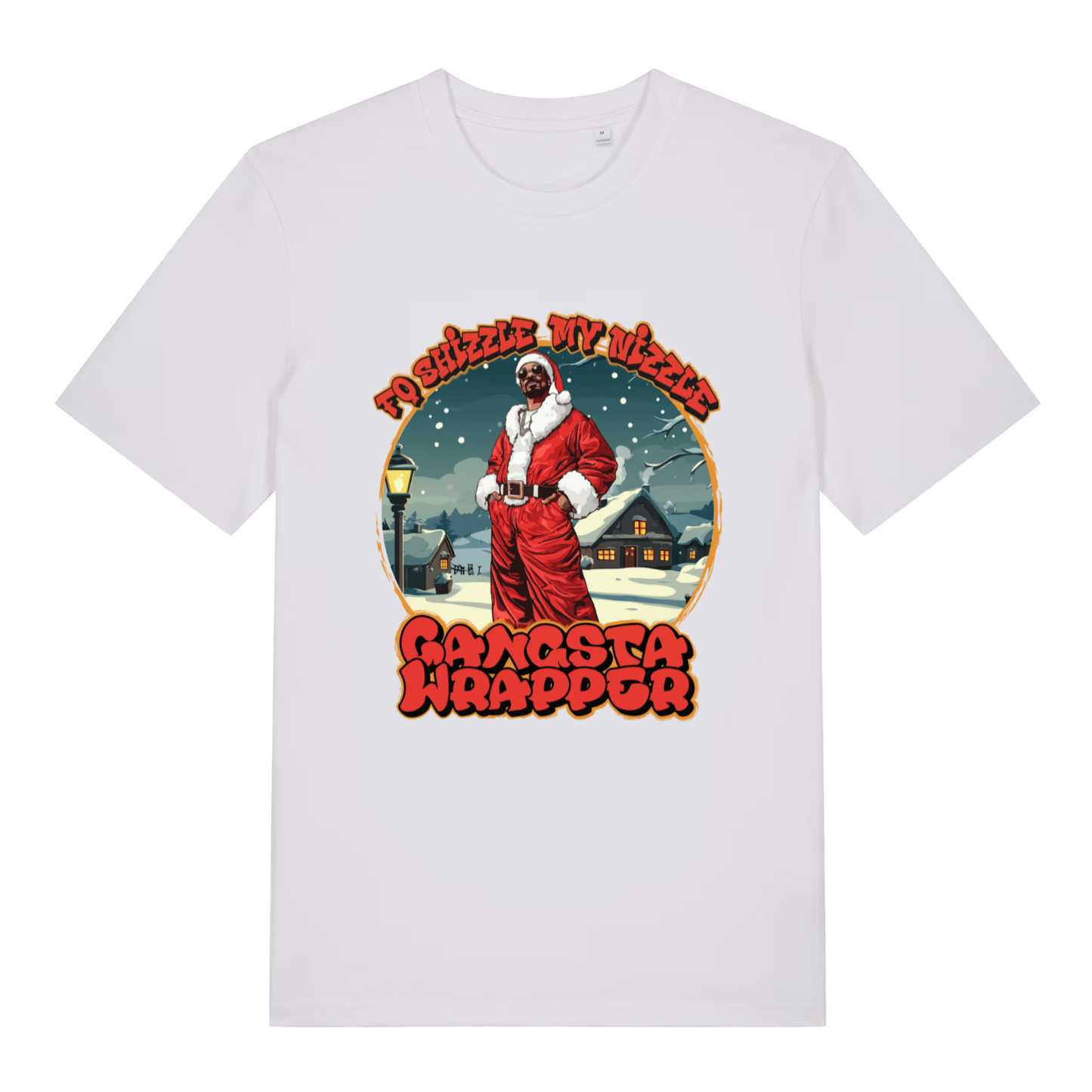White women's Fo Shizzle T-shirt flat lay with Snoop Dogg Santa "Gangsta Wrapper" artwork