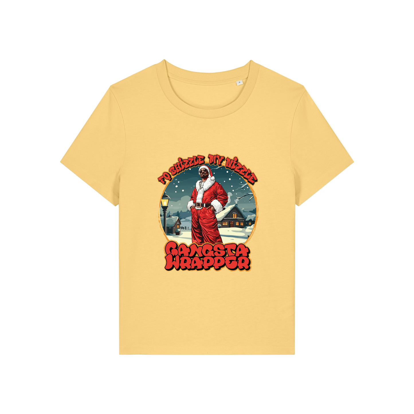 yellow christmas t-shirt with the graphic of snoop dogg dressed as santa and the slogan 'fo shizzle my nizzle gangster wrapper'