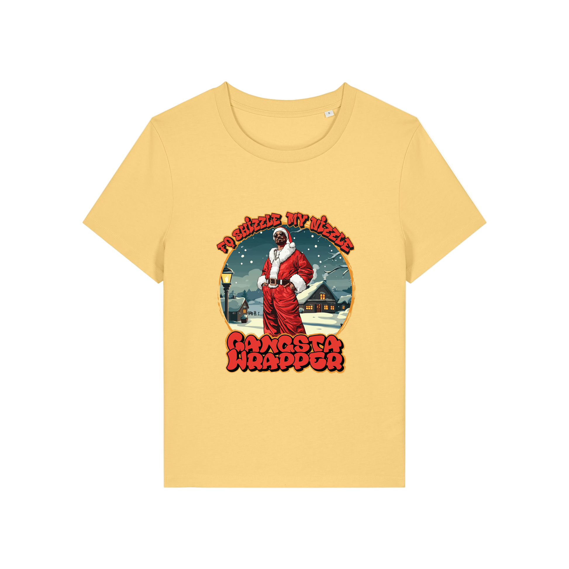 yellow christmas t-shirt with the graphic of snoop dogg dressed as santa and the slogan 'fo shizzle my nizzle gangster wrapper'