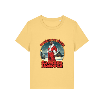 yellow christmas t-shirt with the graphic of snoop dogg dressed as santa and the slogan 'fo shizzle my nizzle gangster wrapper'