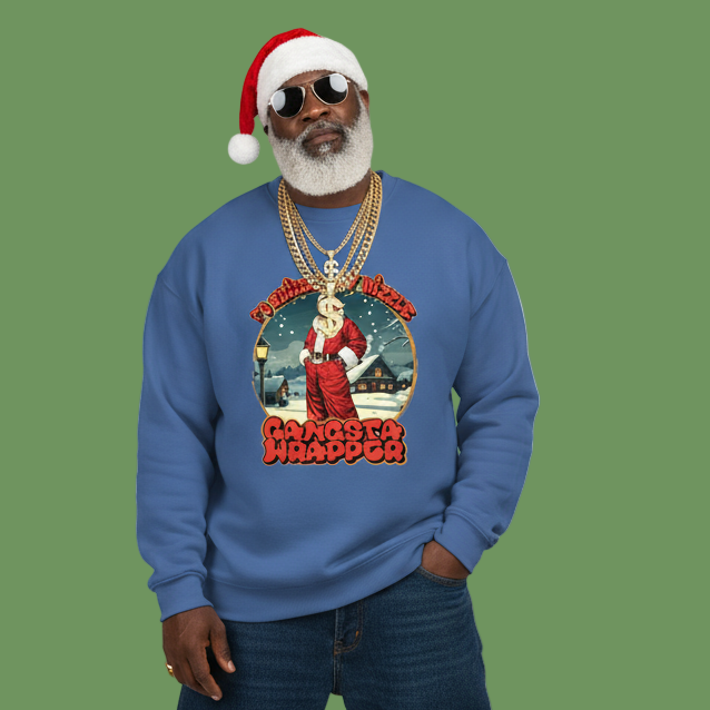 Person wearing a blue sweatshirt with a graphic of Santa Claus and text, on a green background