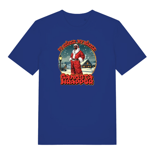 blue christmas t-shirt with the graphic of snoop dogg dressed as santa and the slogan 'fo shizzle my nizzle gangsta wrapper'