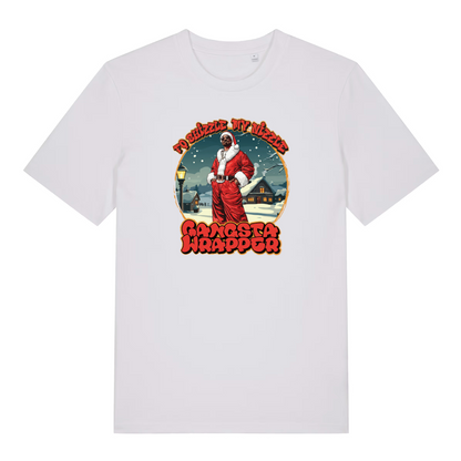 white christmas t-shirt with the graphic of snoop dogg dressed as santa and the slogan 'fo shizzle my nizzle gangsta wrapper'