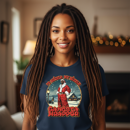 Smiling woman with long braided hair wearing a festive T-shirt featuring a Santa design. Background softly lit with holiday lights and cozy decor.