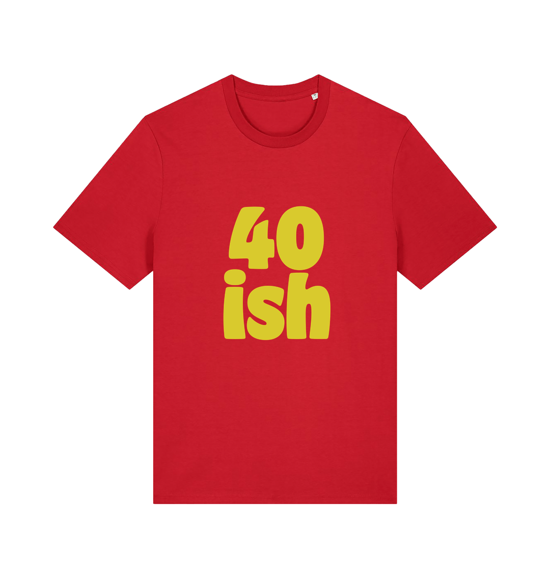 red birthday t-shirt with the slogan '40-ish'