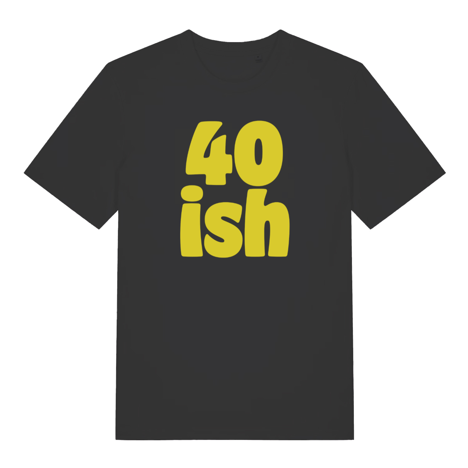 Black women's 40 Ish T-shirt flat lay with large yellow "40 ish" birthday slogan