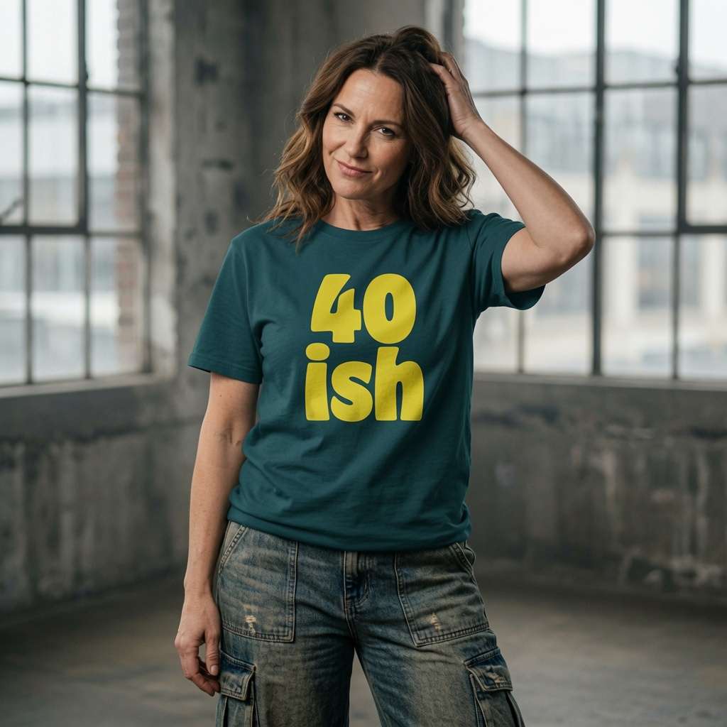 Woman posing with hand in hair in green 40 ish tee, fun ladies 40th birthday slogan