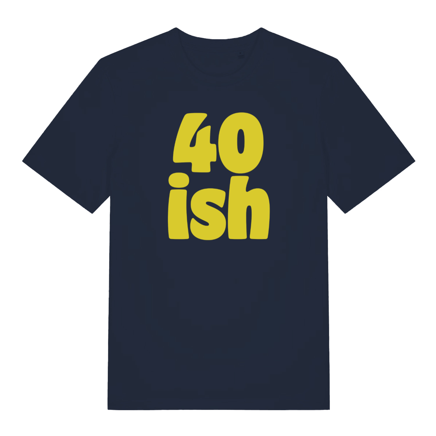 Navy women's 40 Ish T-shirt flat lay showing fun "40 ish" milestone design