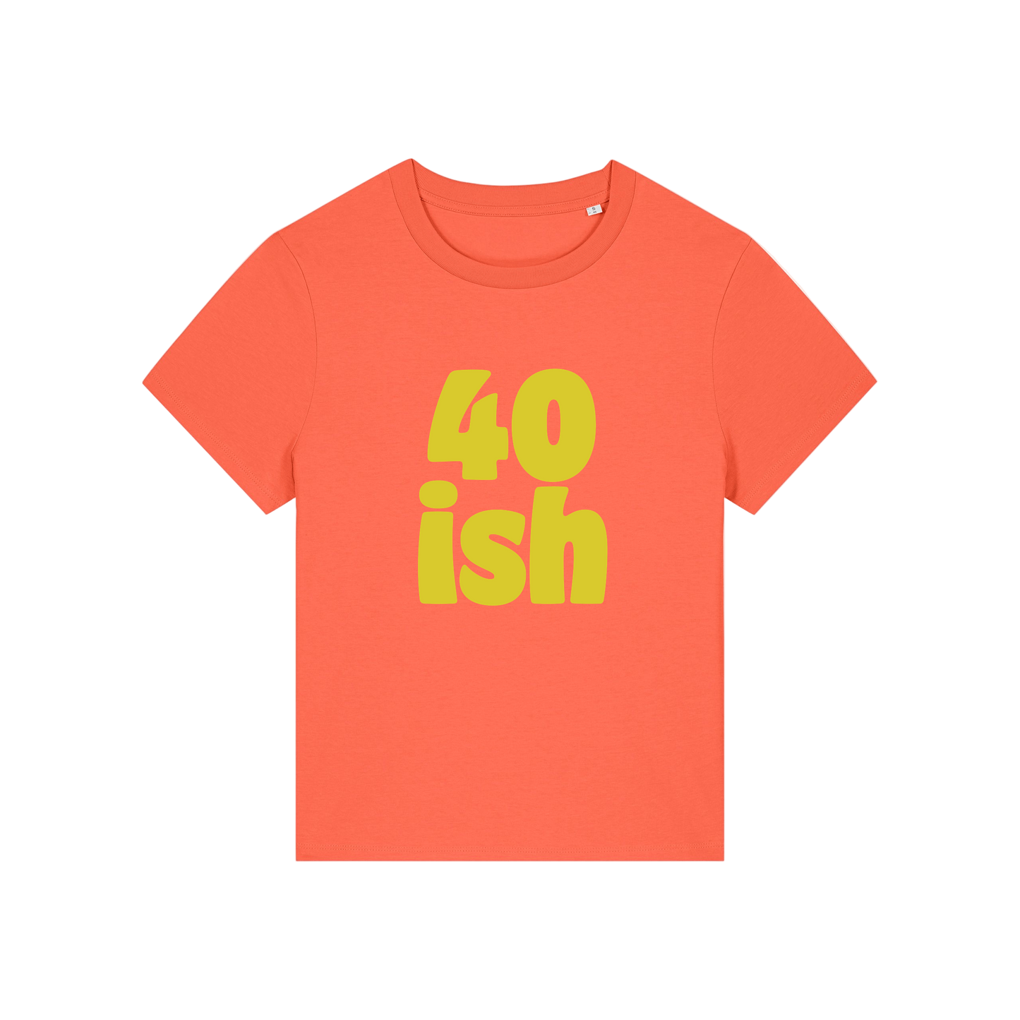 orange birthday t-shirt with the slogan '40 ish'