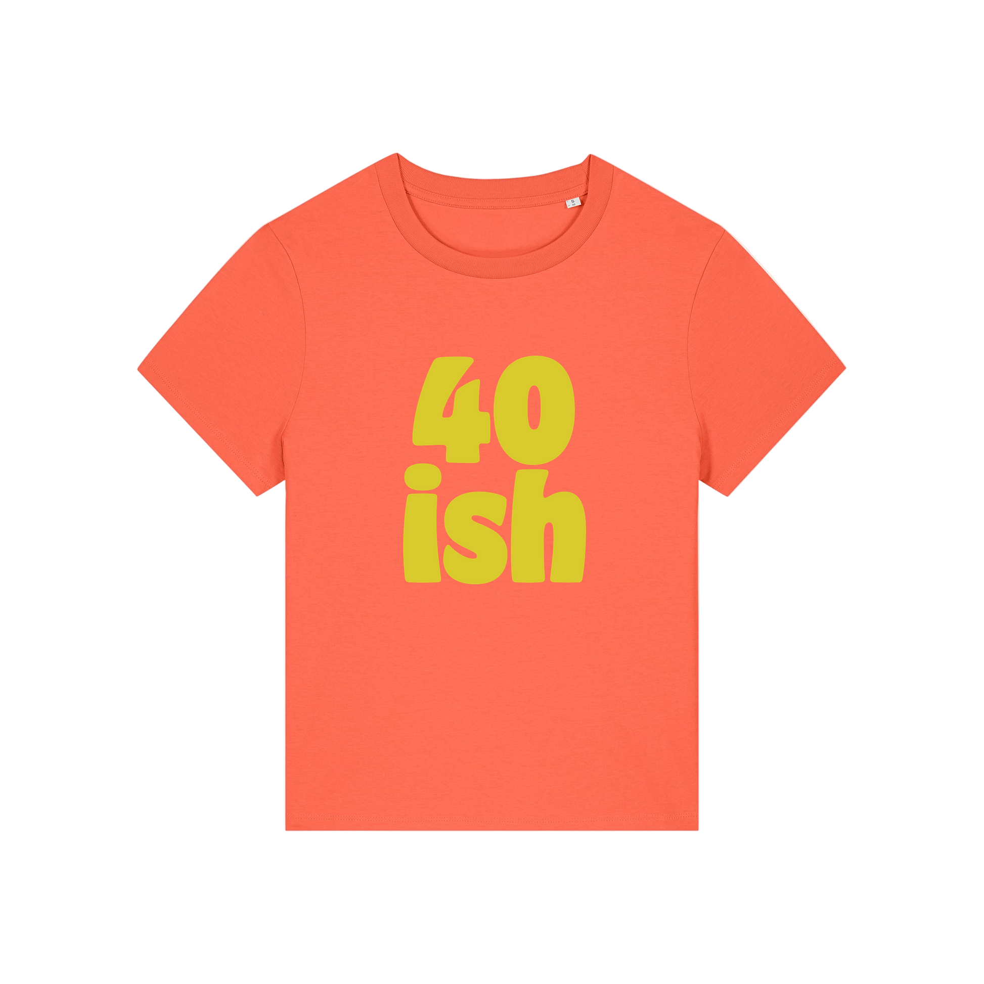 orange birthday t-shirt with the slogan '40 ish'