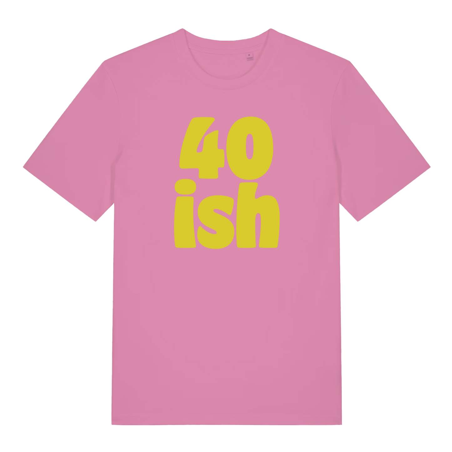 Pink women's 40 Ish T-shirt flat lay with bright yellow "40 ish" birthday slogan