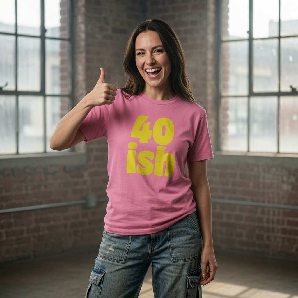 Woman laughing and giving thumbs up in pink 40 ish t-shirt, fun ladies 40th birthday