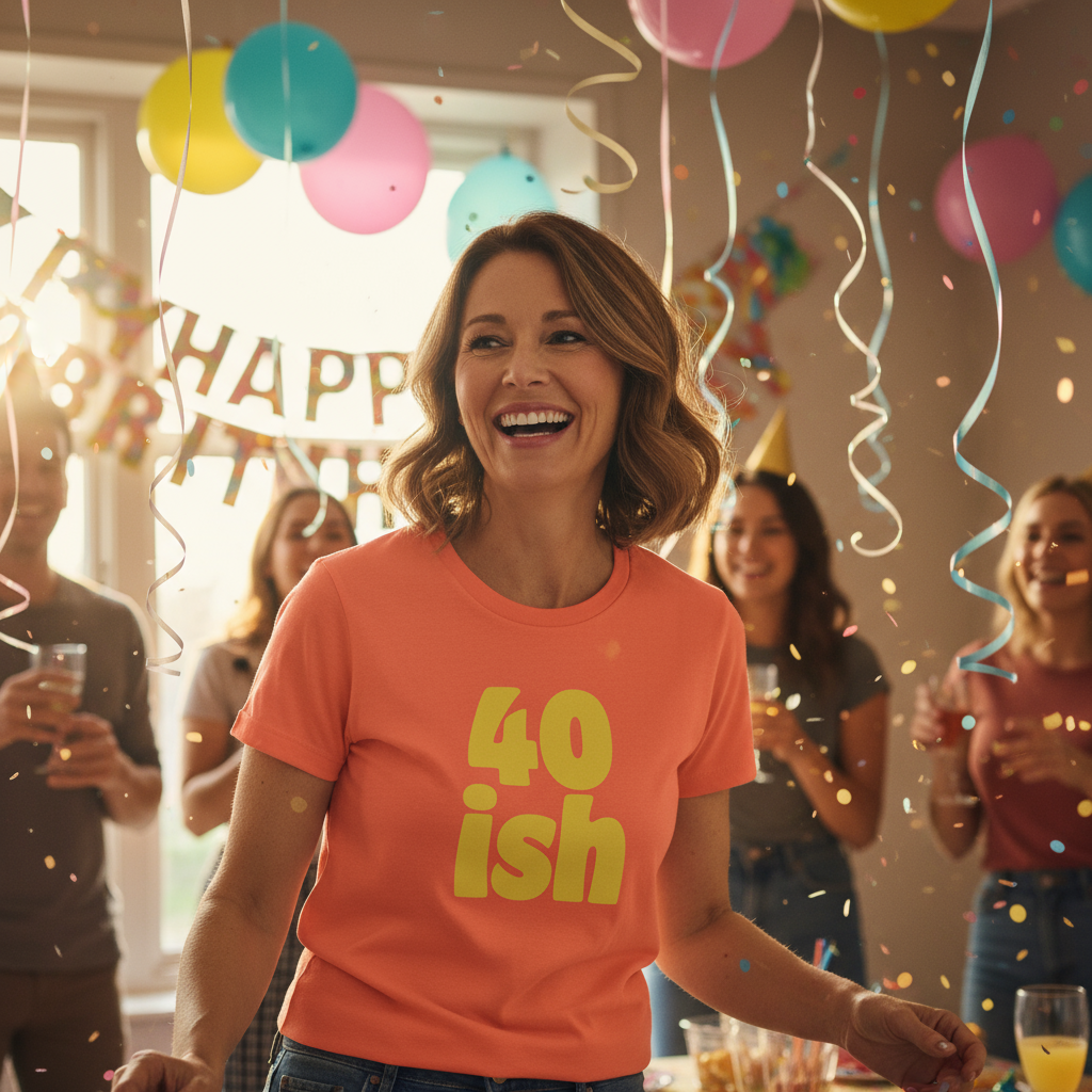 Woman wearing n '40ish' shirt at a birthday party with colourful balloons and decorations.