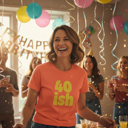 Woman wearing n '40ish' shirt at a birthday party with colourful balloons and decorations.