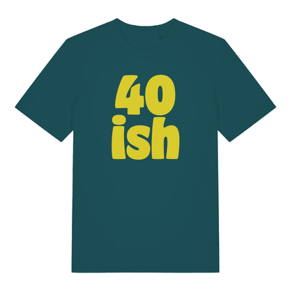 Stargazer women's 40 Ish T-shirt flat lay displaying bold yellow "40 ish" text