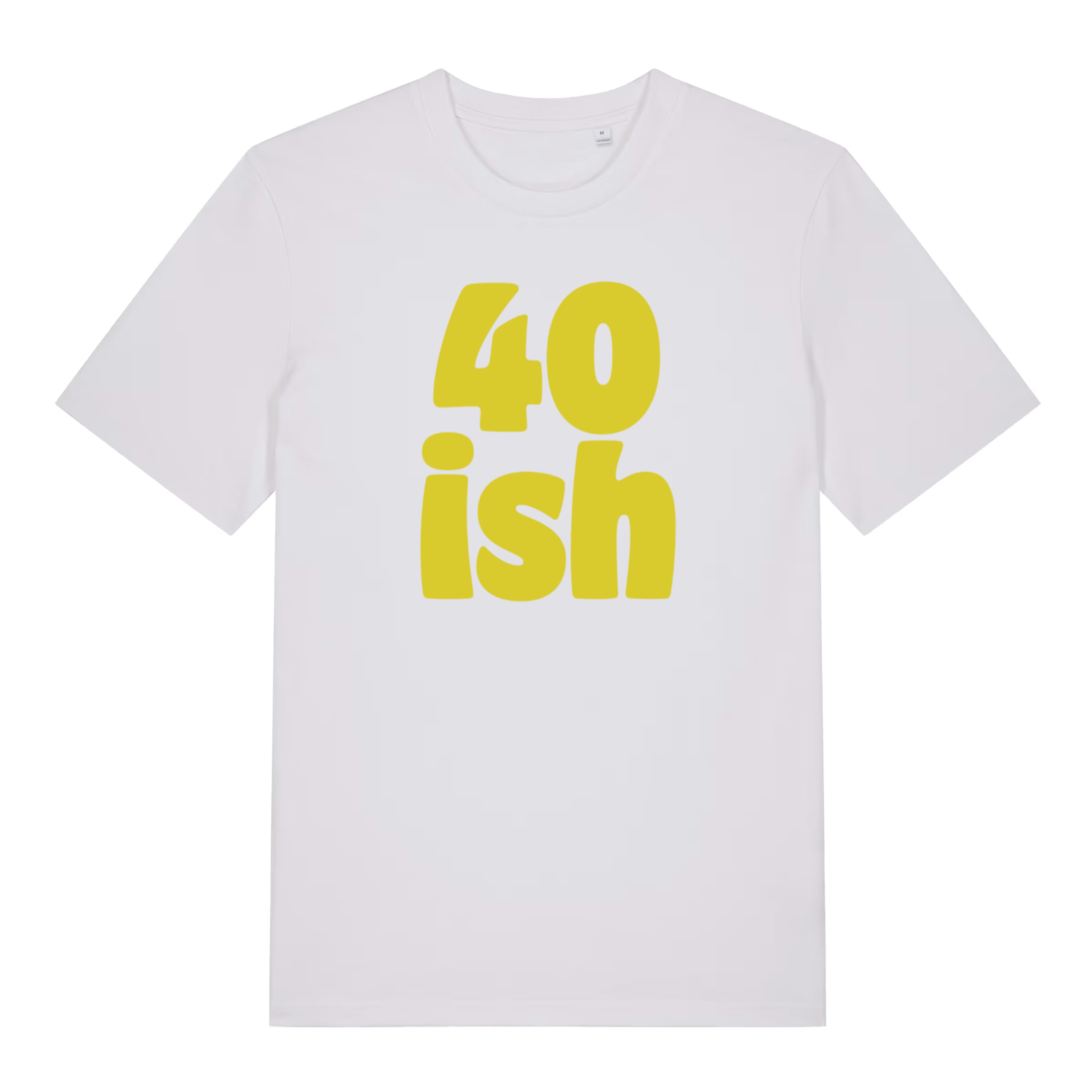 White women's 40 Ish T-shirt flat lay with large yellow "40 ish" slogan