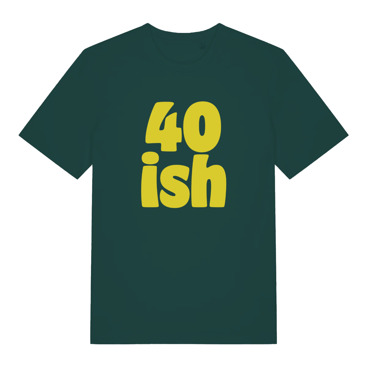 Glazed Green 40 Ish T-shirt flat lay with bright yellow "40 ish" birthday slogan