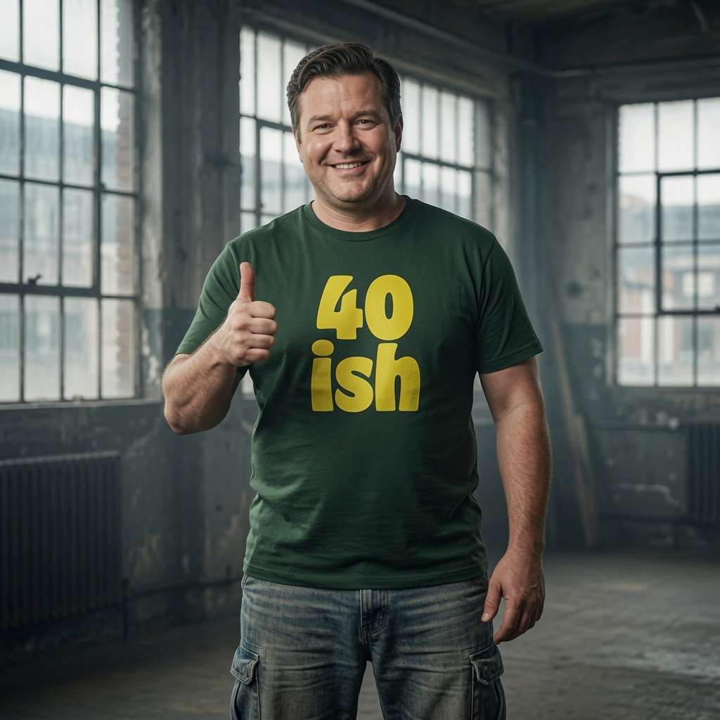 Man smiling and giving thumbs up in green 40 ish t-shirt, funny mens cheeky age related