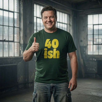 Man smiling and giving thumbs up in green 40 ish t-shirt, funny mens cheeky age related