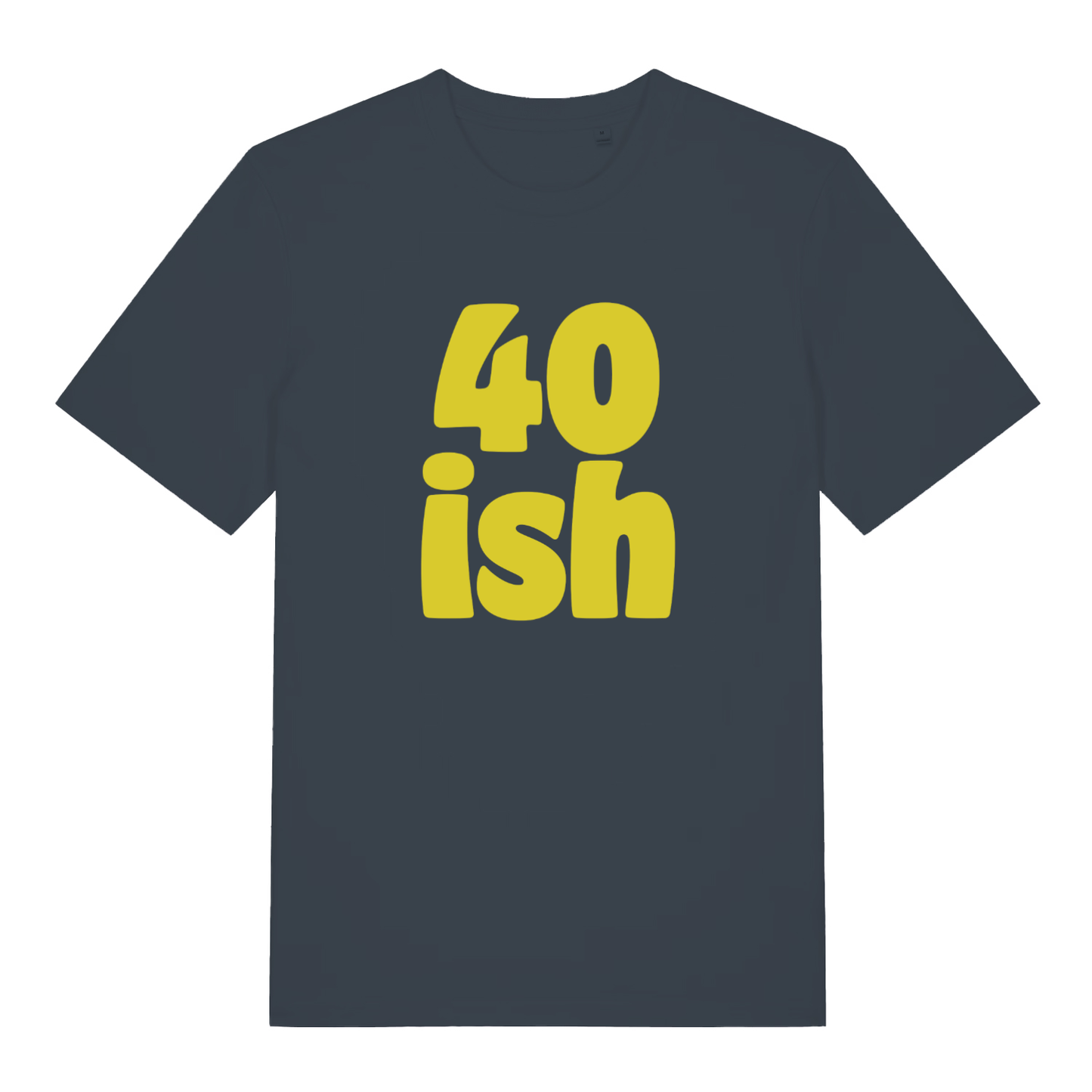 India Ink Grey 40 Ish T-shirt flat lay displaying bold yellow "40 ish" text