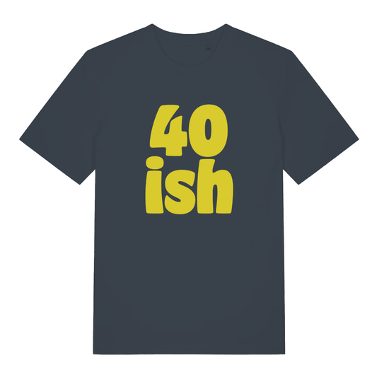 India Ink Grey 40 Ish T-shirt flat lay displaying bold yellow "40 ish" text