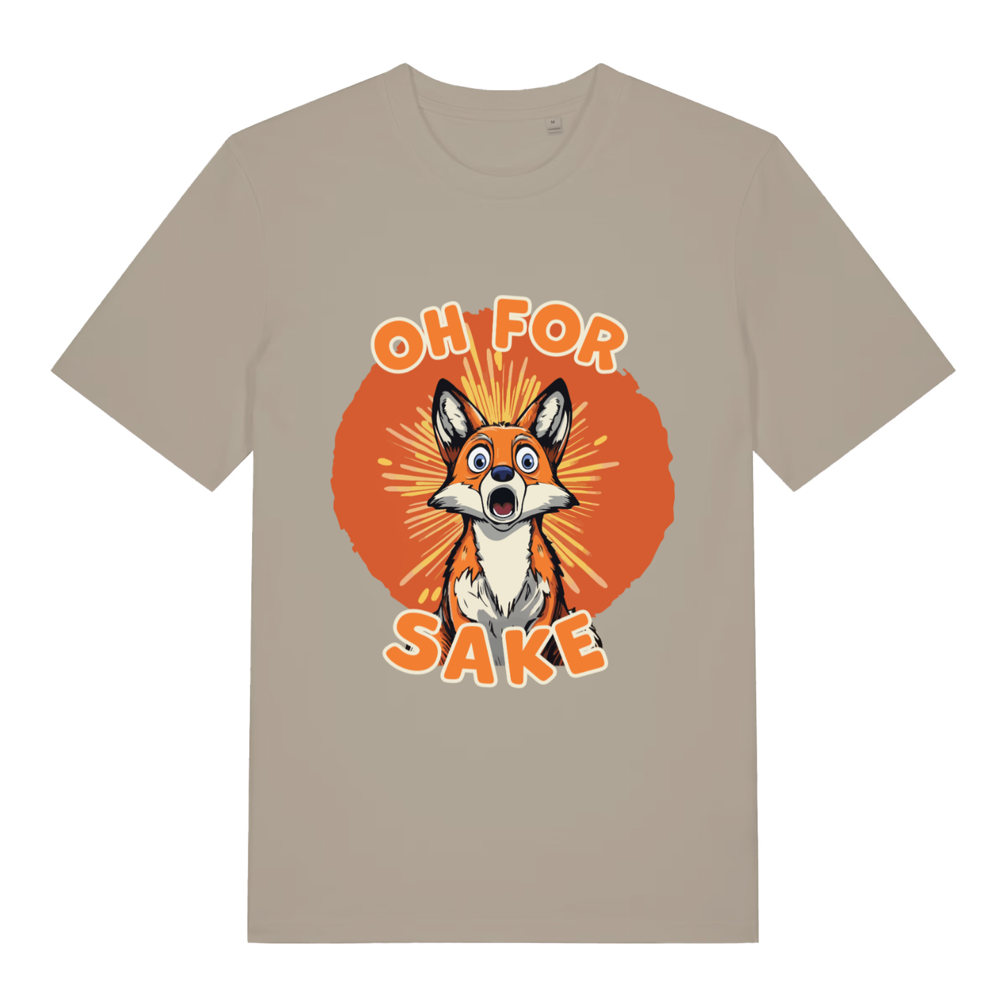 Beige women's Oh For Fox Sake T-shirt flat lay with shocked fox "Oh For Fox Sake" graphic