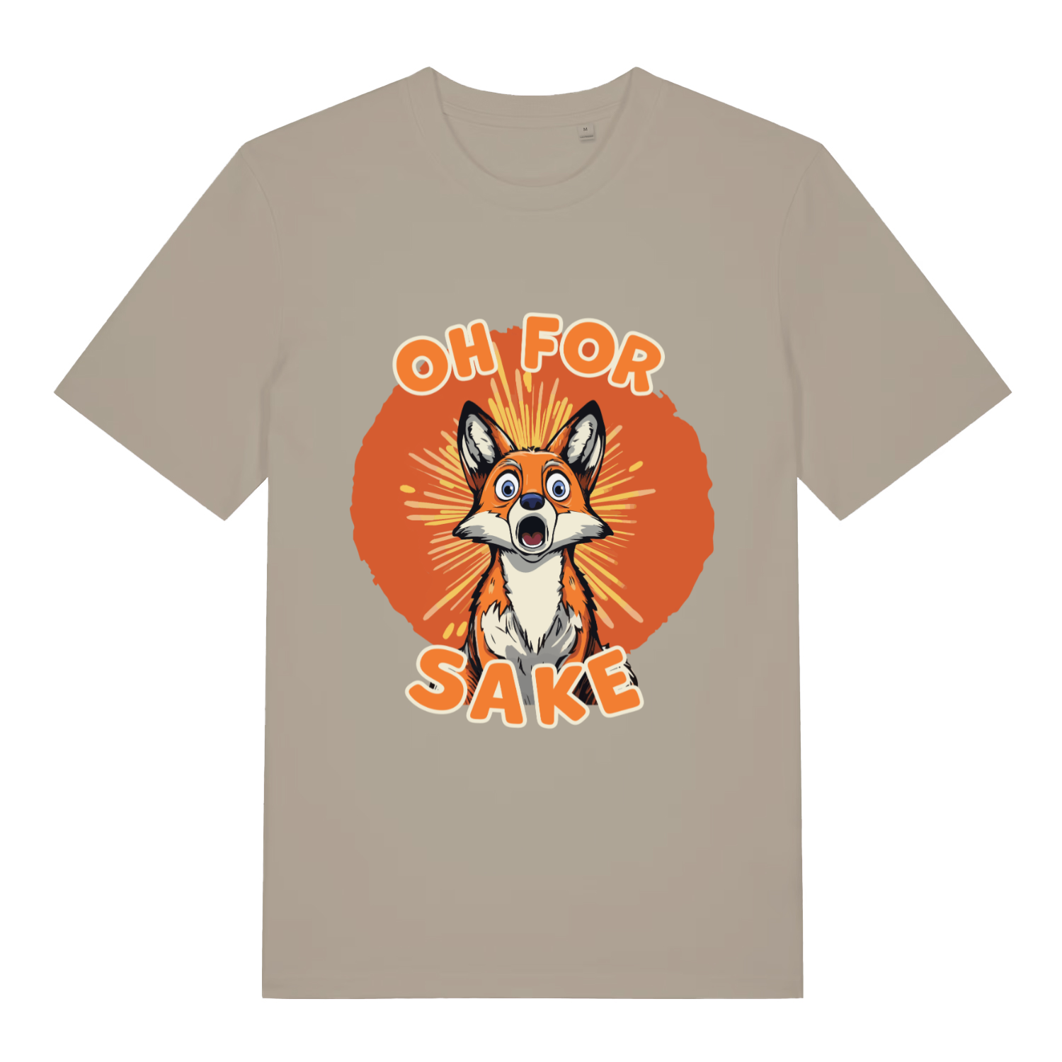 Beige women's Oh For Fox Sake T-shirt flat lay with shocked fox "Oh For Fox Sake" graphic