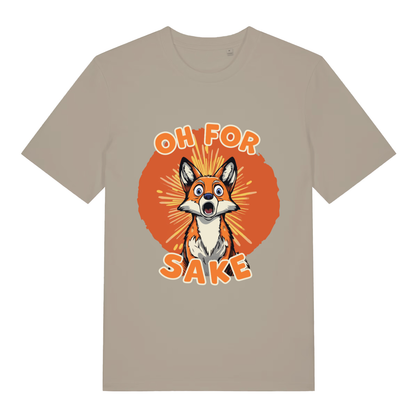 Beige women's Oh For Fox Sake T-shirt flat lay with shocked fox "Oh For Fox Sake" graphic