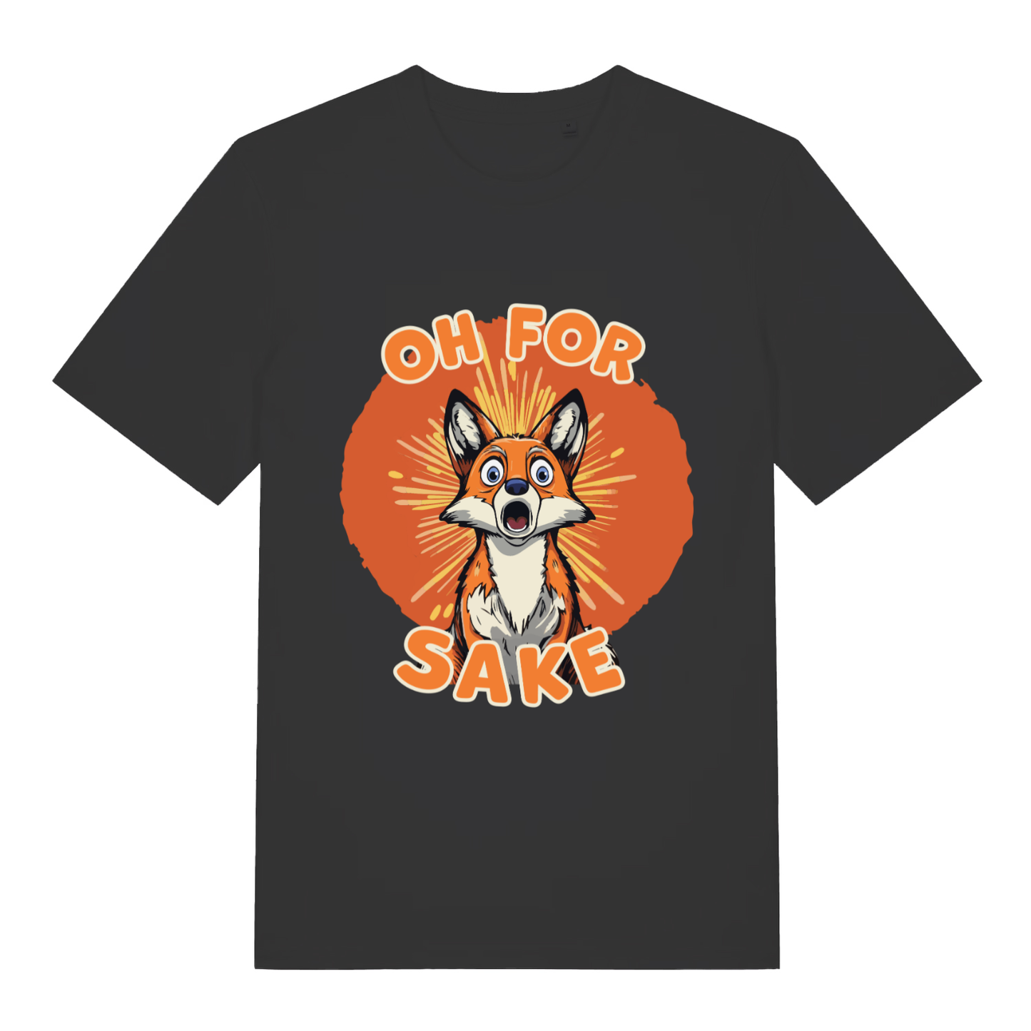 Black women's Oh For Fox Sake T-shirt flat lay featuring funny wide-eyed fox design