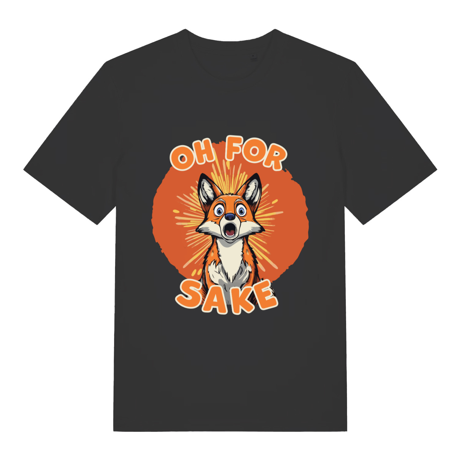 Black women's Oh For Fox Sake T-shirt flat lay featuring funny wide-eyed fox design