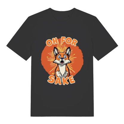 Black women's Oh For Fox Sake T-shirt flat lay featuring funny wide-eyed fox design