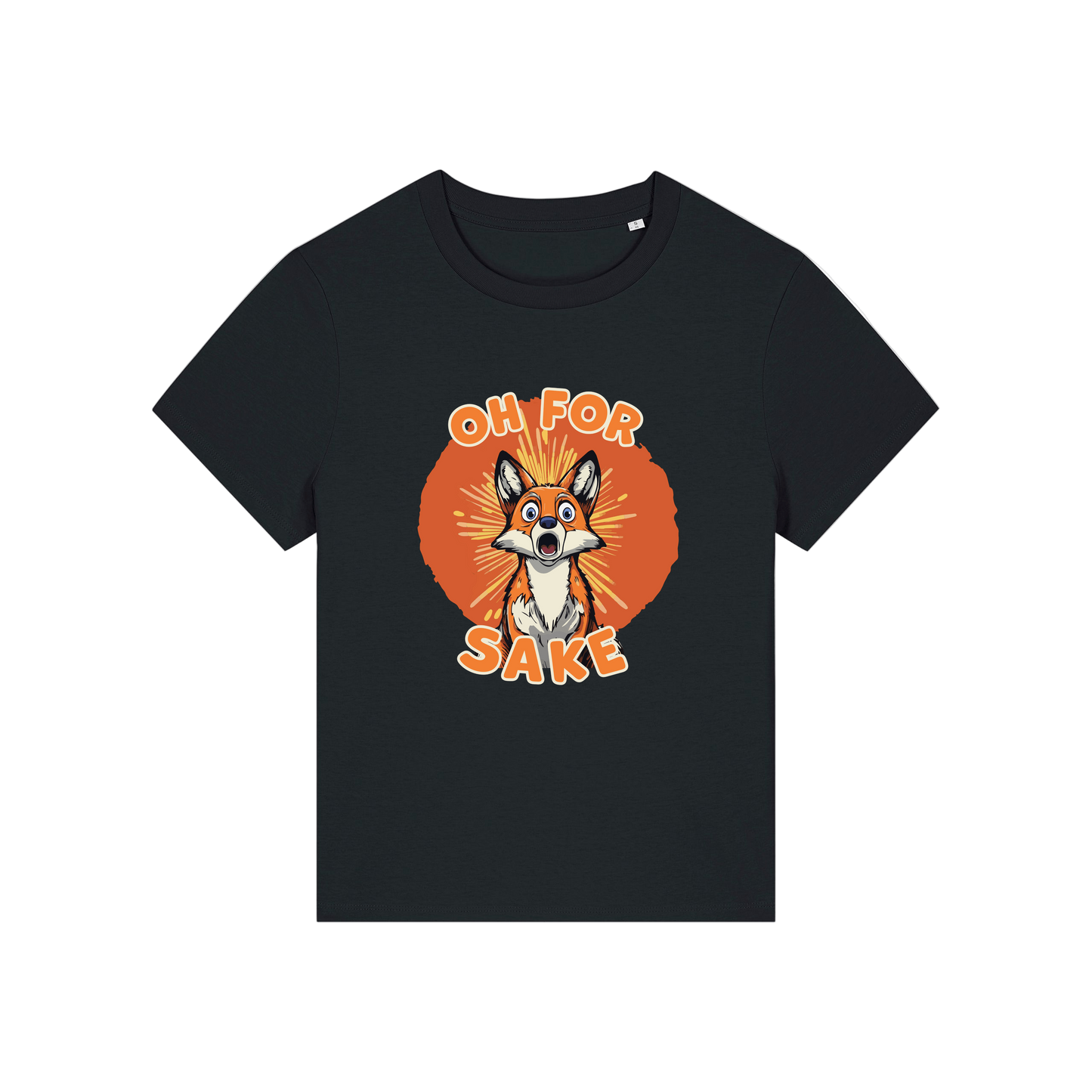 black funny animal t-shirt with the graphic of a fox and the slogan 'oh for fox sake'