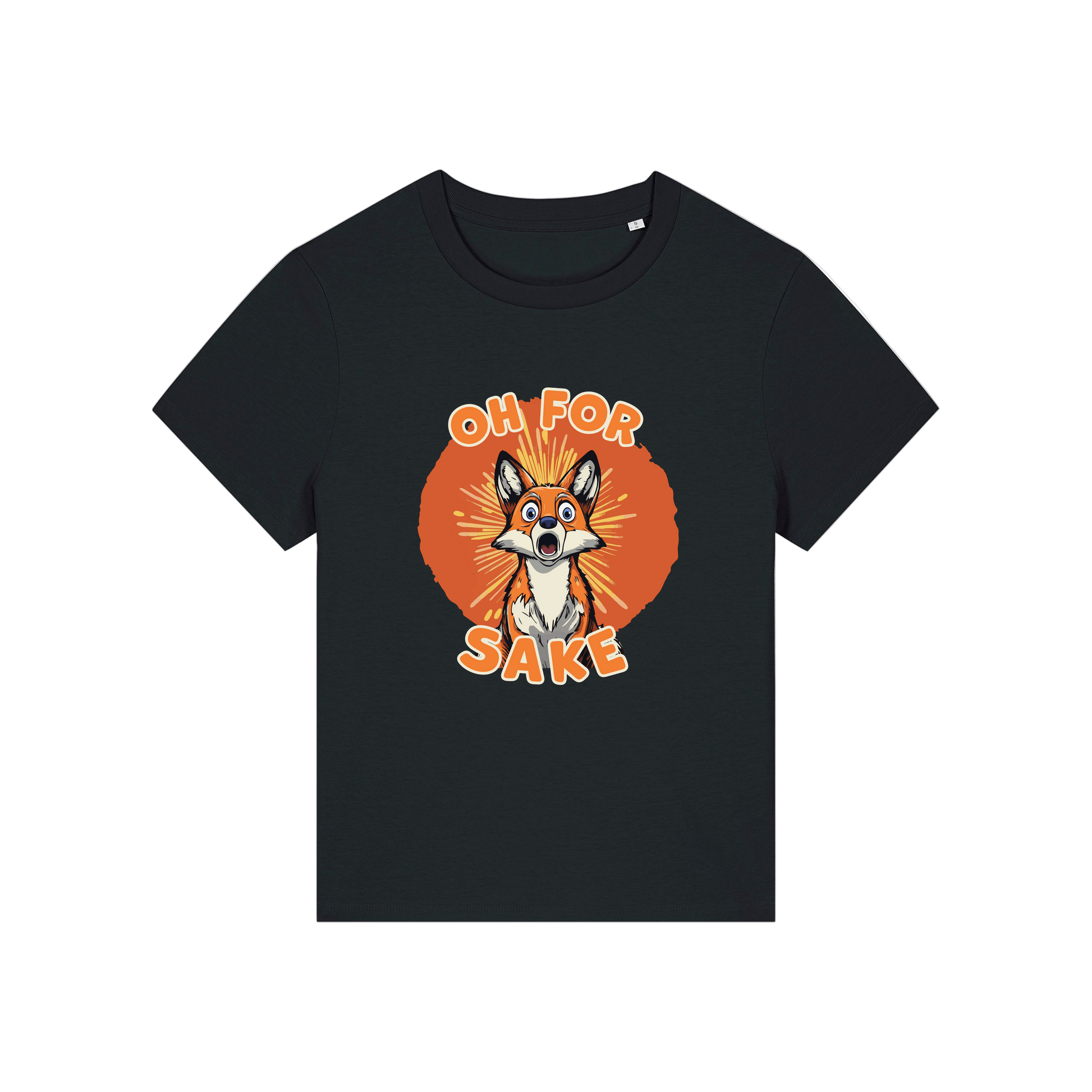black funny animal t-shirt with the graphic of a fox and the slogan 'oh for fox sake'