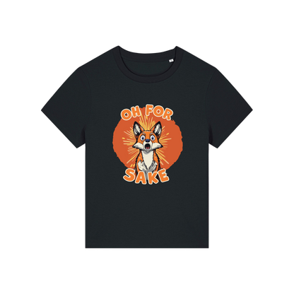 black funny animal t-shirt with the graphic of a fox and the slogan 'oh for fox sake'