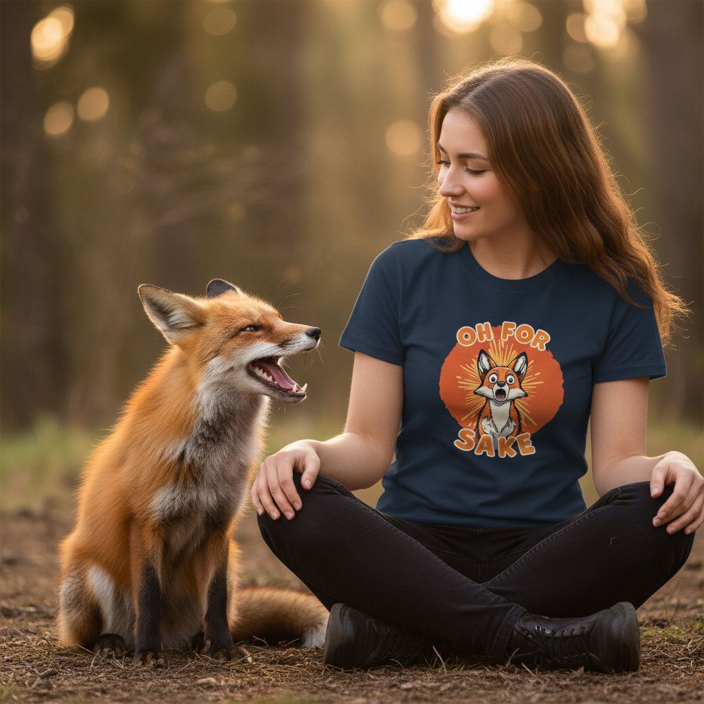 Woman wearing a t-shirt with a fox graphic and text, sitting in a forest with a fox beside her.