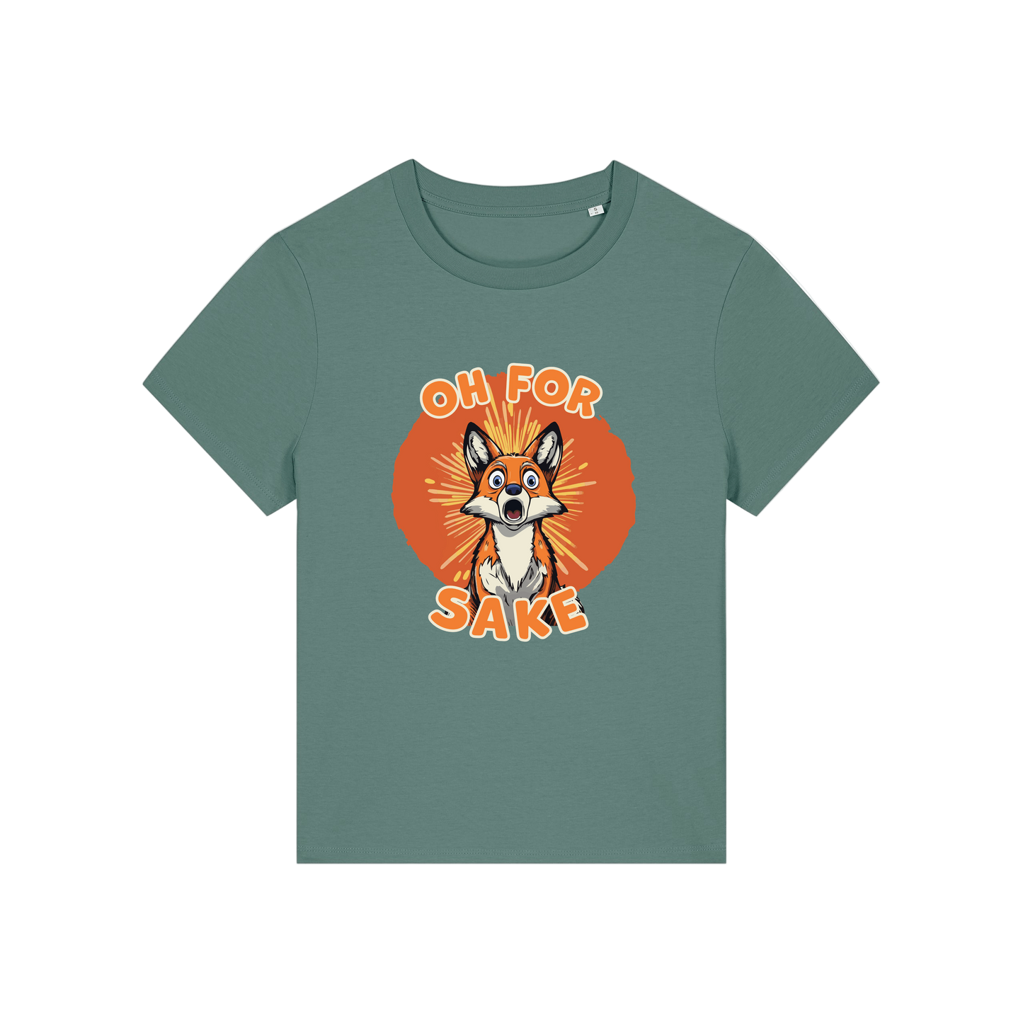 green funny animal t-shirt with the graphic of a fox and the slogan 'oh for fox sake'