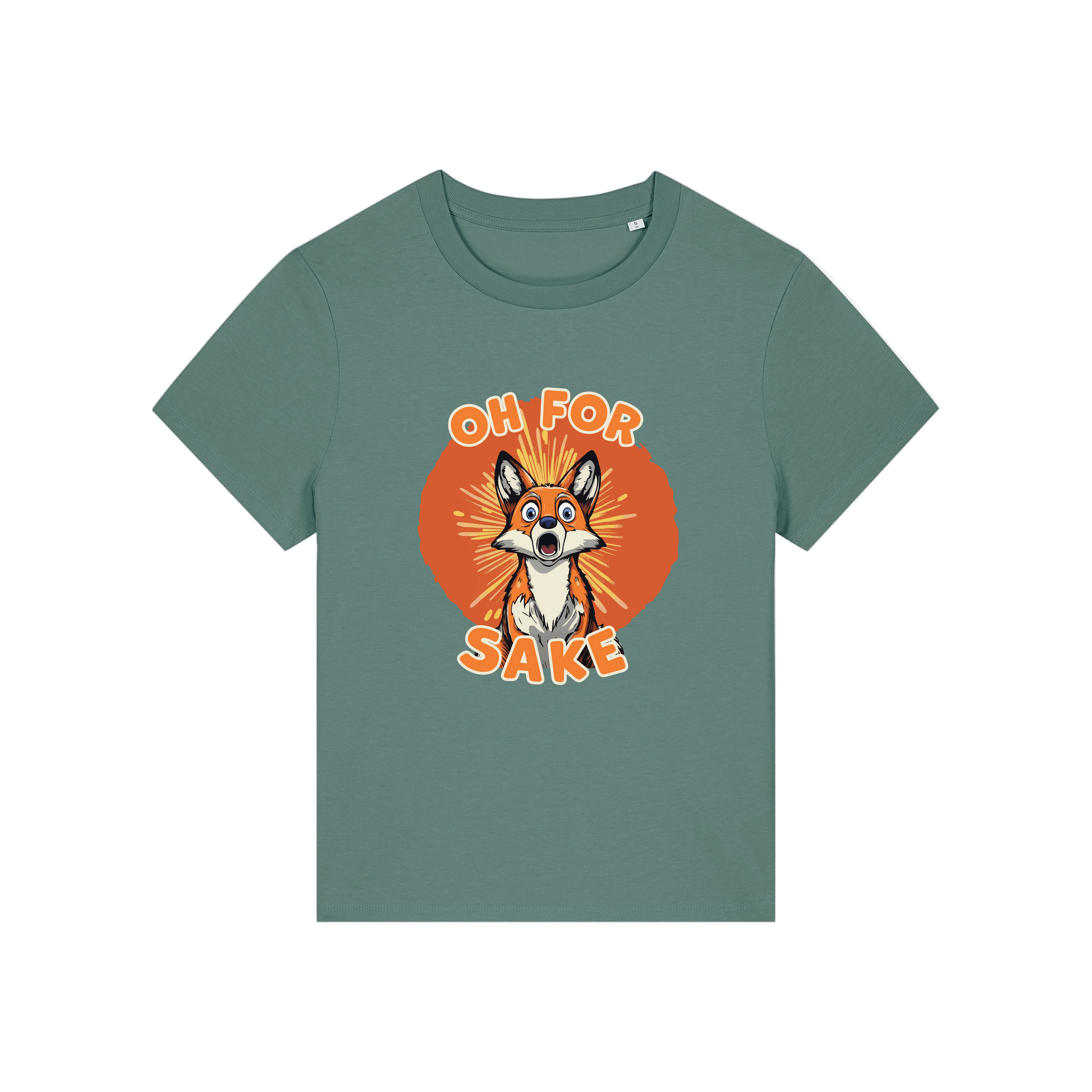 green funny animal t-shirt with the graphic of a fox and the slogan 'oh for fox sake'