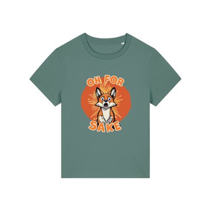 green funny animal t-shirt with the graphic of a fox and the slogan 'oh for fox sake'
