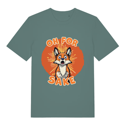 Green women's Oh For Fox Sake T-shirt flat lay showing cute fox "Oh For Fox Sake" illustration