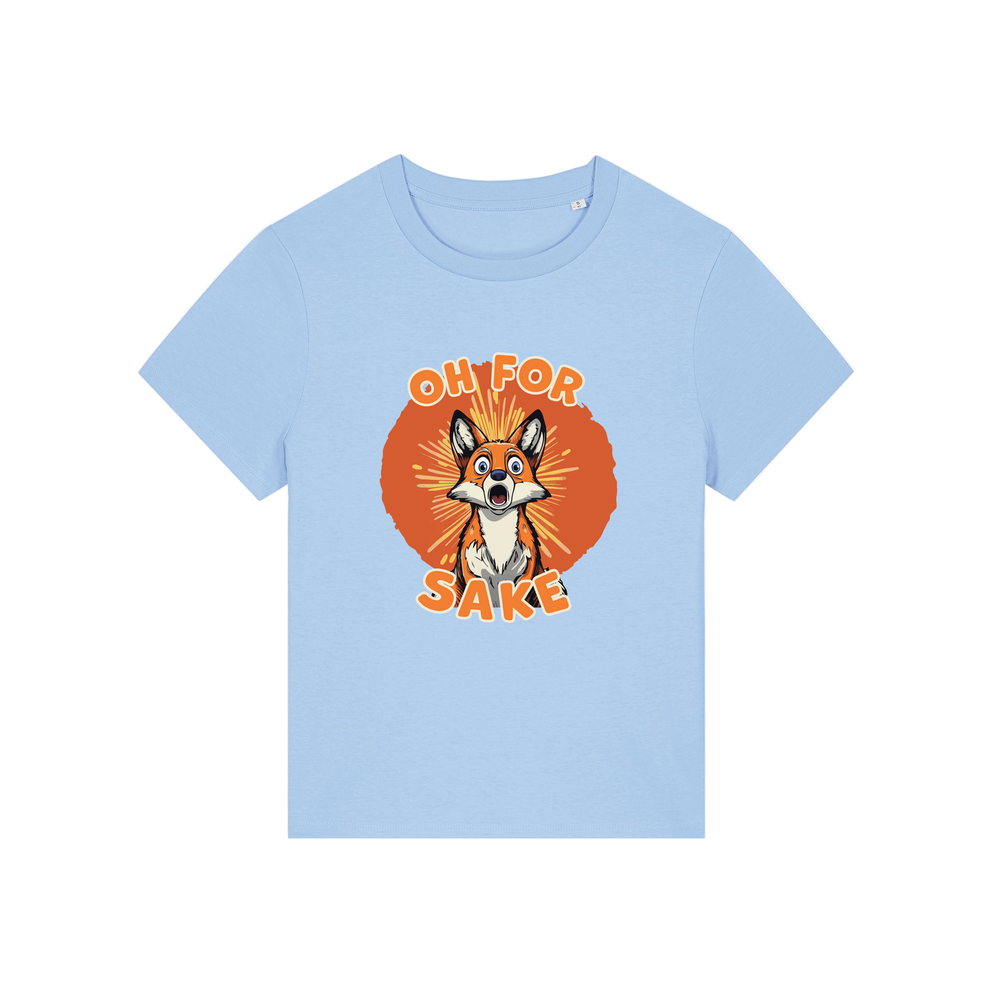 light blue funny animal t-shirt with the graphic of a fox and the slogan 'oh for fox sake'