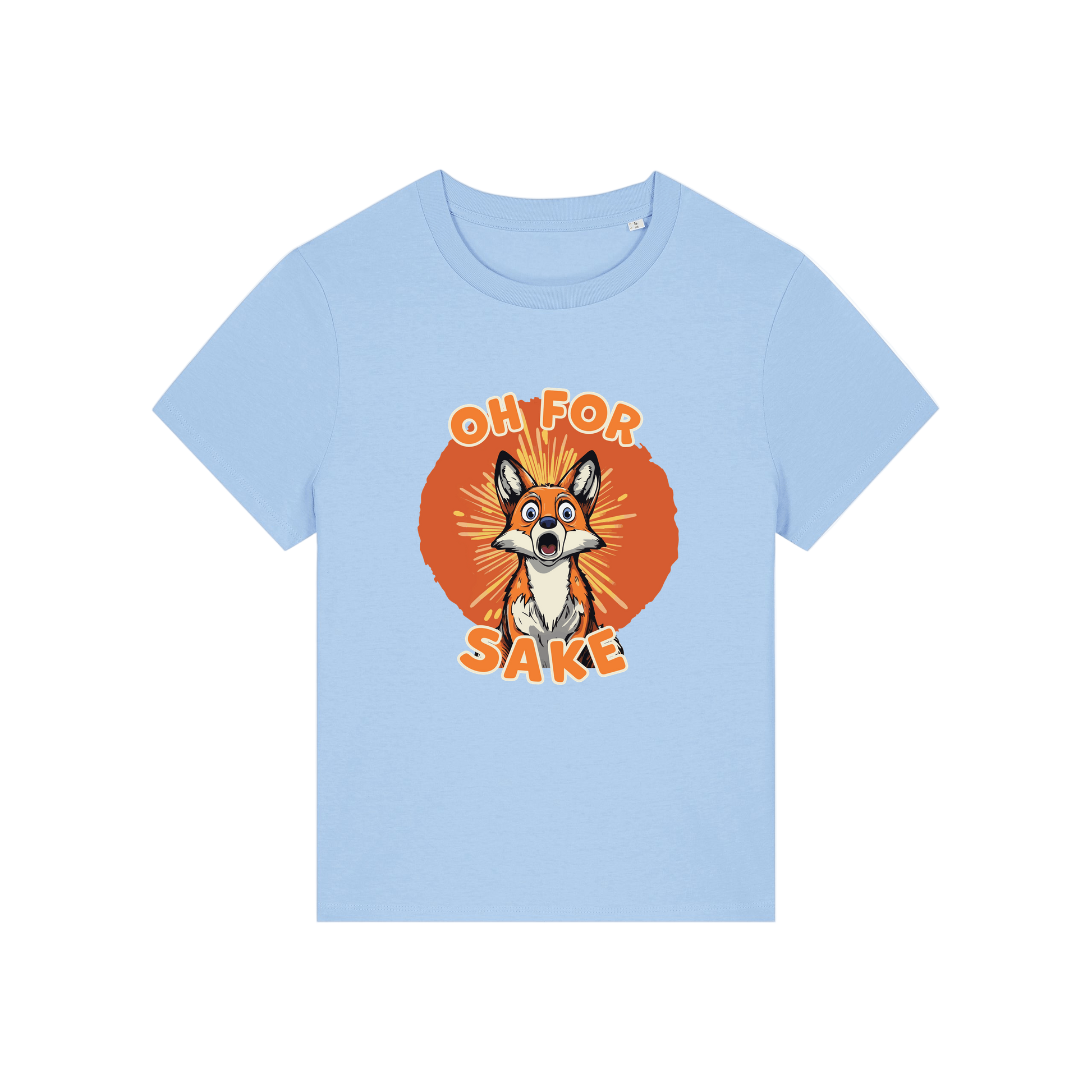 light blue funny animal t-shirt with the graphic of a fox and the slogan 'oh for fox sake'