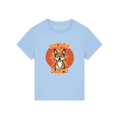 light blue funny animal t-shirt with the graphic of a fox and the slogan 'oh for fox sake'