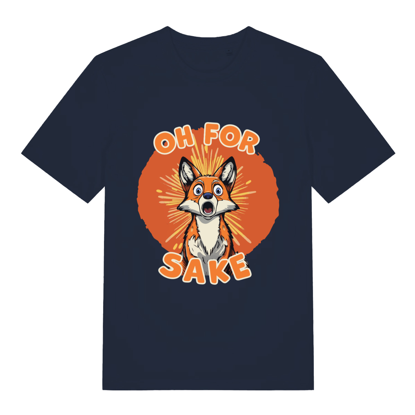 Navy women's Oh For Fox Sake T-shirt flat lay displaying shocked fox "Oh For Fox Sake" slogan