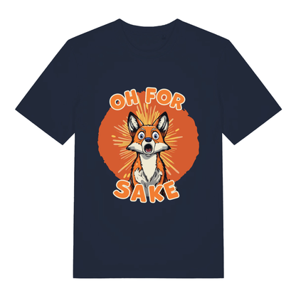 Navy women's Oh For Fox Sake T-shirt flat lay displaying shocked fox "Oh For Fox Sake" slogan