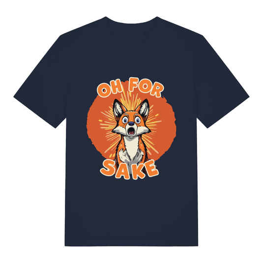 Navy women's Oh For Fox Sake T-shirt flat lay displaying shocked fox "Oh For Fox Sake" slogan
