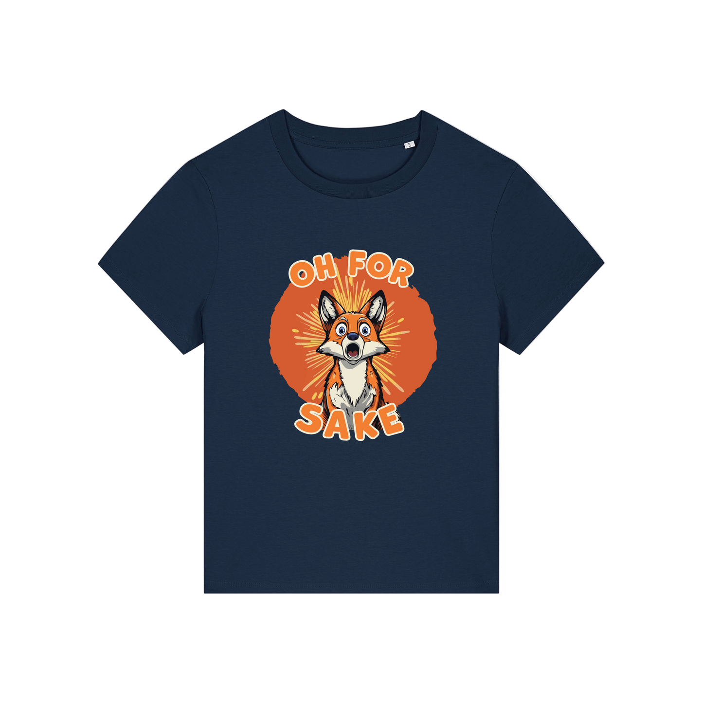navy funny animal t-shirt with the graphic of a fox and the slogan 'oh for fox sake'